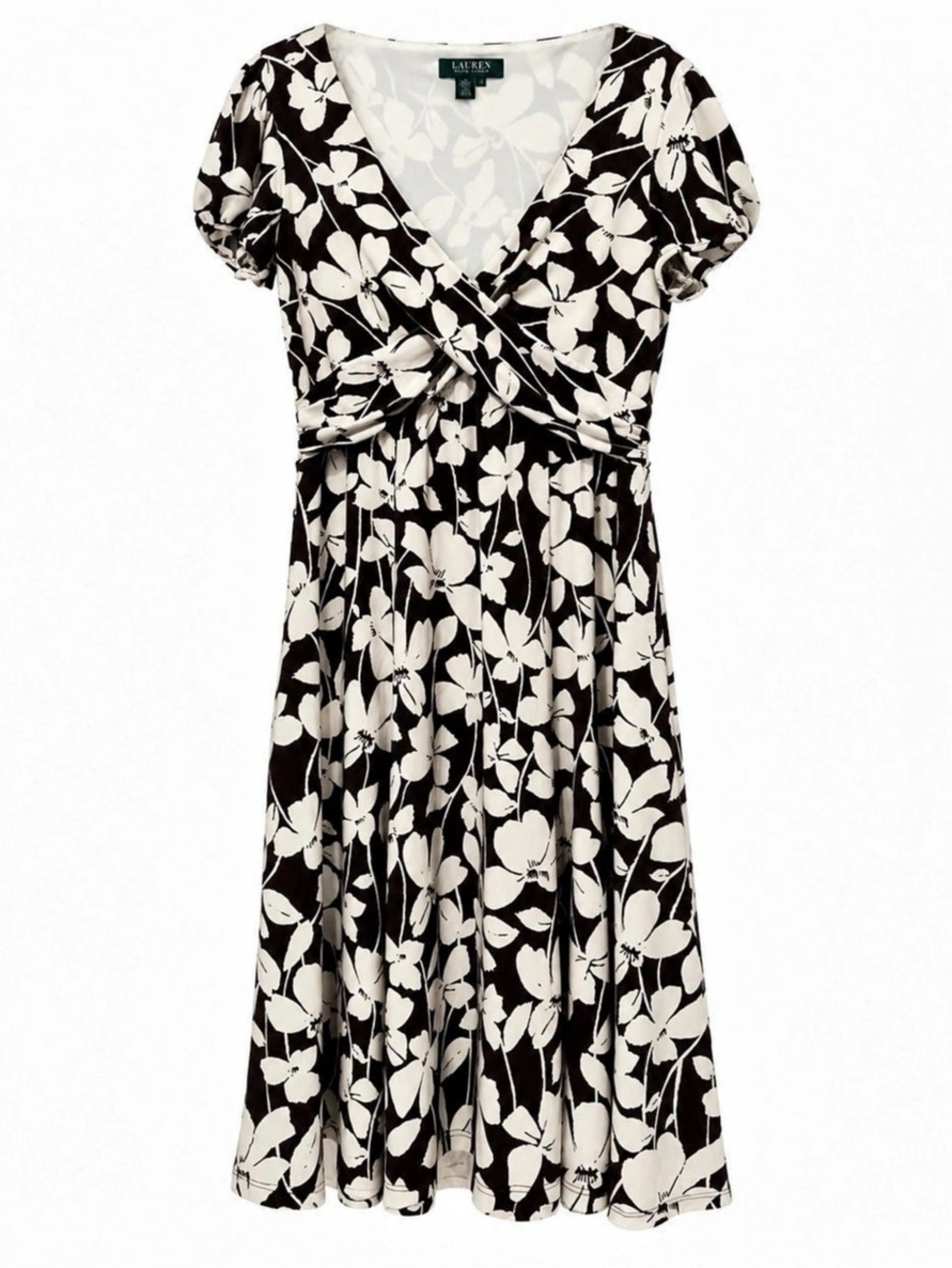 Lauren Ralph Lauren 12 Brown Floral V Neck Twist Front Fit Flare Midi Dress